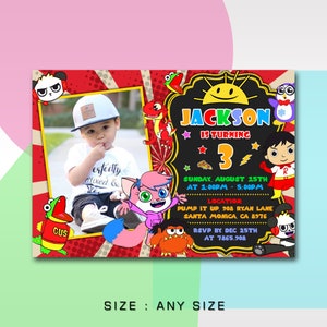 May include: A colorful birthday invitation for a 3-year-old boy named Jackson. The invitation features a photo of the birthday boy, cartoon characters from the show "Super Why!" and the text "Jackson is turning 3". The invitation includes the date, time, and location of the party.