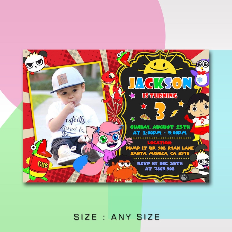 May include: A colorful birthday invitation for a 3-year-old boy named Jackson. The invitation features a photo of the birthday boy, cartoon characters from the show "Super Why!" and the text "Jackson is turning 3". The invitation includes the date, time, and location of the party.