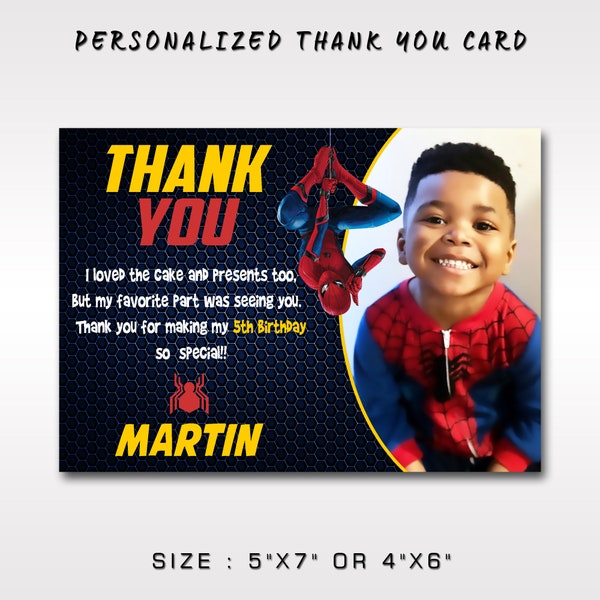 Spiderman Thank You Cards With Photo, Spider man Thank You Cards with Picture, Superhero Thank You Card, Spider Man Thank You Card.