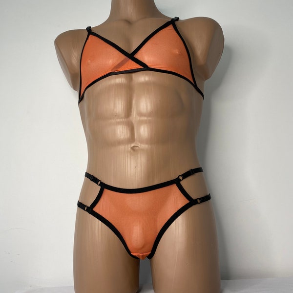 Men’s orange sissy Femboy Lingerie Set Bra and Bikini/Thongs. M2F Sissy Lingerie For Men