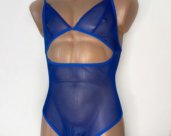 May include: A blue mesh bodysuit with a cut-out design at the chest and a snap closure at the crotch.