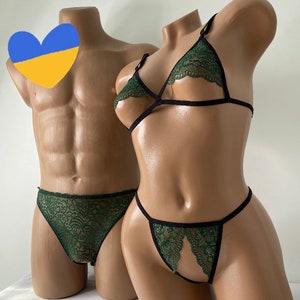 Matching Green Lace Lingerie Set for Couples – Sexy Sheer Underwear for Him & Her
