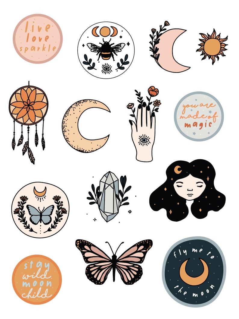 butterfly moon Gemstone laptop sticker pack Mystical Stickers crystals dream catcher stay wild Magic