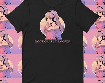 Emocjonalnie zapętlona koszulka z dziewczyną z anime – koszulka unisex Vaporwave, miękka grunge'owa w stylu lat 90., smutna dziewczyna, koszulka Y2K Anime Streetwear