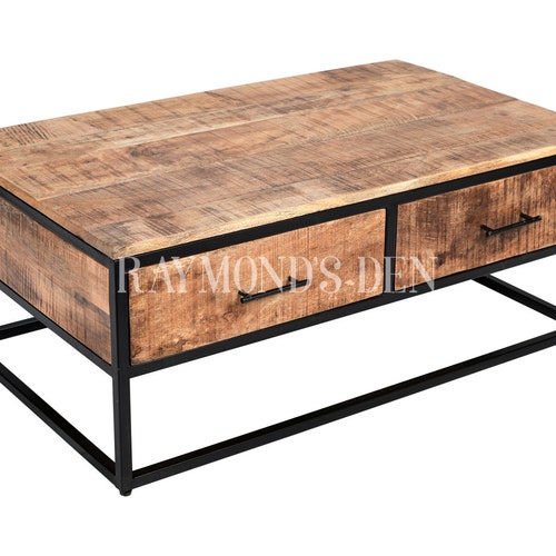 Industrial Style Coffee Table With 2 Drawer Storage Solid Wood Etsy UK