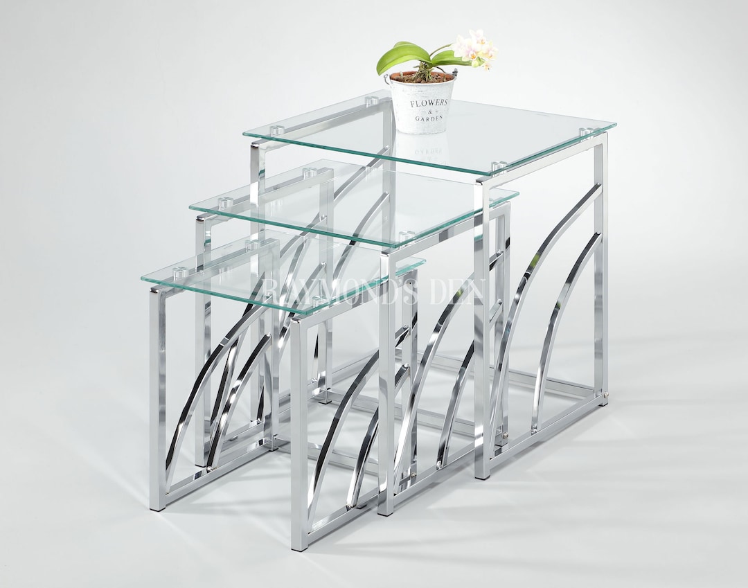 Modern Mira Glass Nest of Tables Chrome Metal Tempered Glass Top Set of