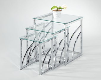 Modern Mira Glass Nest of Tables Chrome metal tempered Glass top set of 3 tables