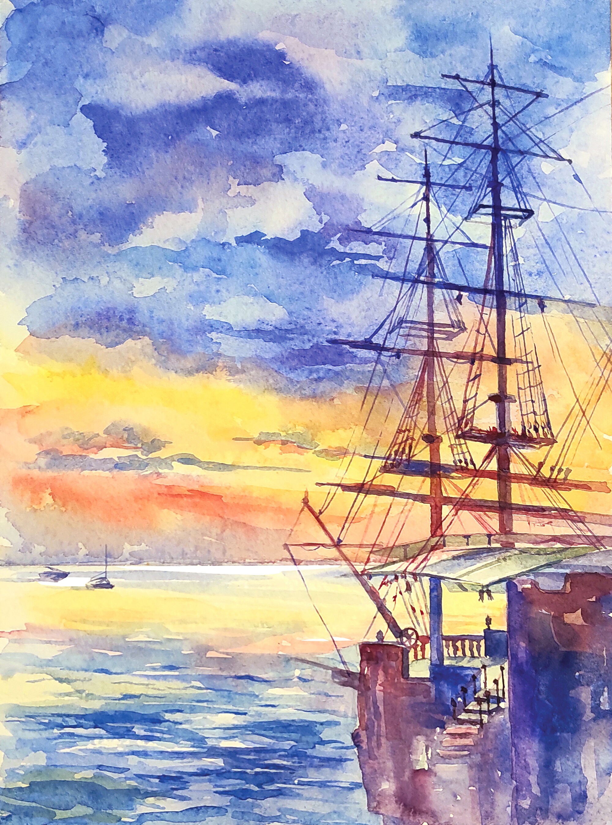 Ship at Sunset Original Watercolor Painting Night Sea Sail Etsy
