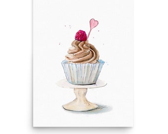 Cupcake Wall Art, Raspberry cupcake, Art Print of Original, Watercolor Painting
