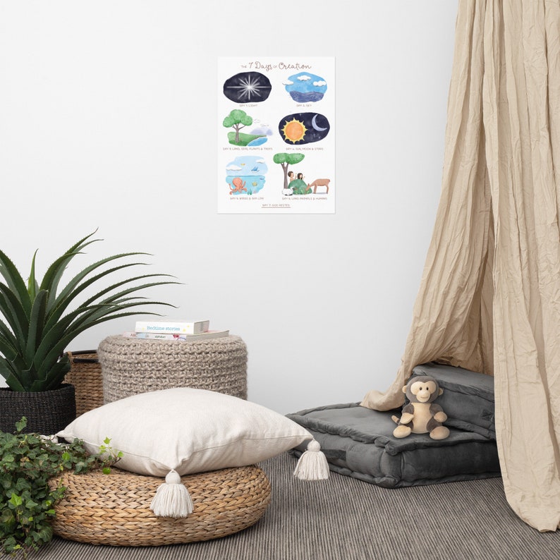 May include: A watercolor illustration of the 7 Days of Creation. The illustration shows a white star, a blue sky with clouds, a green tree, a sun and moon, a blue ocean with an octopus, and a man and woman sitting under a tree with a deer.