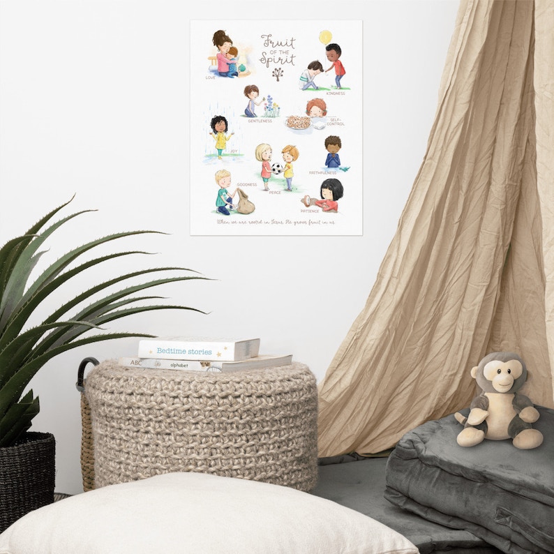 Puede incluir: Una ilustraci&oacute;n colorida de la fruta del esp&iacute;ritu con ni&ntilde;os que demuestran cada virtud. Las virtudes son: amor, alegr&iacute;a, paz, paciencia, bondad, amabilidad, fidelidad, mansedumbre y dominio propio.