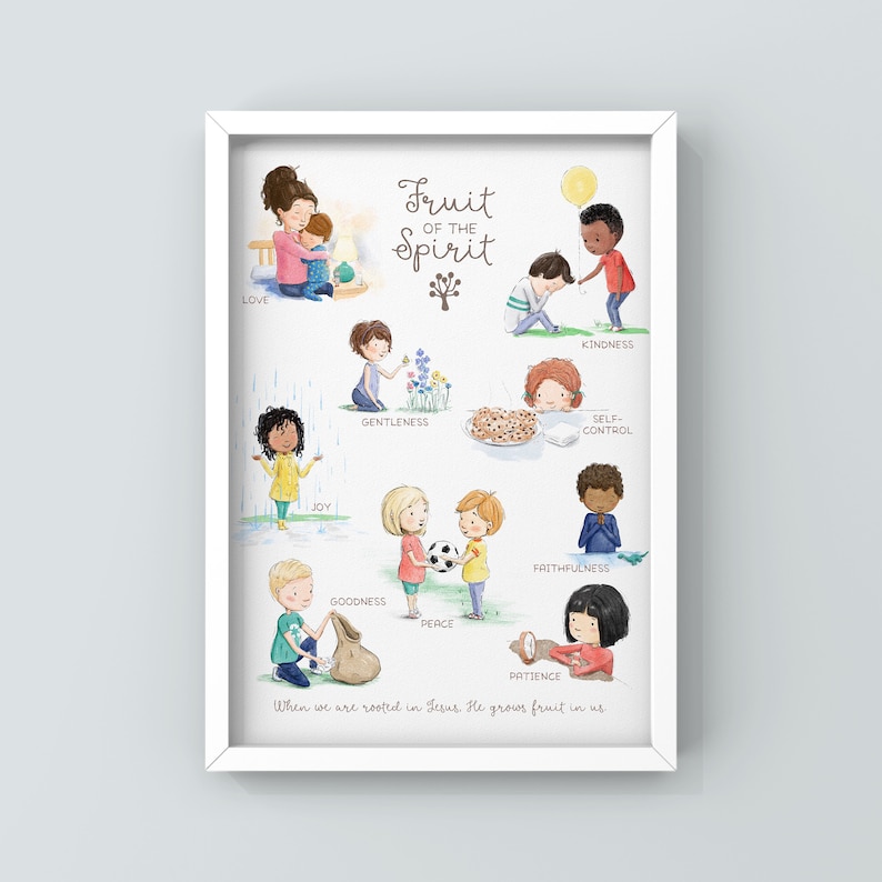 Puede incluir: Una ilustraci&oacute;n colorida del fruto del esp&iacute;ritu, con ni&ntilde;os que representan cada virtud: amor, alegr&iacute;a, paz, paciencia, bondad, generosidad, fidelidad, mansedumbre, dominio propio. El texto "Fruto del Esp&iacute;ritu" est&aacute; en la parte superior de la imagen, y el texto "Cuando estamos arraigados en Jes&uacute;s, &Eacute;l hace crecer el fruto en nosotros" est&aacute; en la parte inferior.