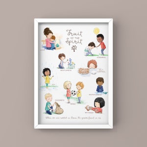 Puede incluir: Una ilustraci&oacute;n colorida de la fruta del esp&iacute;ritu con ni&ntilde;os representados en varias escenas. El texto dice "Fruta del Esp&iacute;ritu" con las nueve frutas enumeradas: Amor, Gozo, Paz, Paciencia, Bondad, Beneficencia, Fidelidad, Mansedumbre y Dominio propio. El texto en la parte inferior dice "Cuando estamos arraigados en Jes&uacute;s, &Eacute;l hace crecer fruto en nosotros."