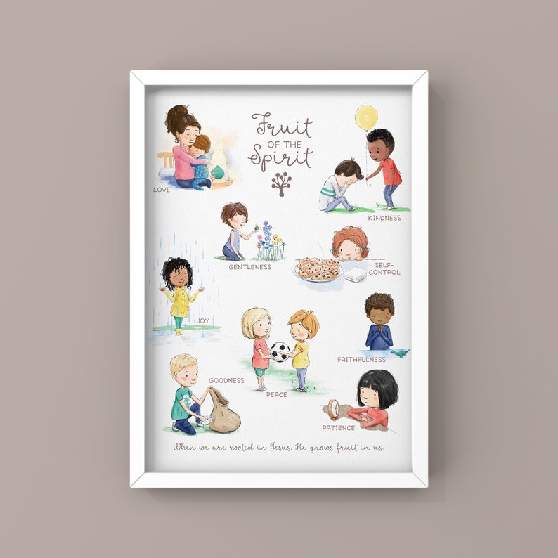 Puede incluir: Una ilustraci&oacute;n colorida de la fruta del esp&iacute;ritu con ni&ntilde;os representados en varias escenas. El texto dice "Fruta del Esp&iacute;ritu" con las nueve frutas enumeradas: Amor, Gozo, Paz, Paciencia, Bondad, Beneficencia, Fidelidad, Mansedumbre y Dominio propio. El texto en la parte inferior dice "Cuando estamos arraigados en Jes&uacute;s, &Eacute;l hace crecer fruto en nosotros."