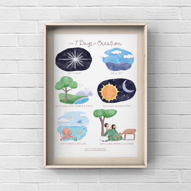 May include: A colorful illustration depicting the 7 Days of Creation. Each day is represented by a different scene, including light, sky, land, seas, plants, trees, sun, moon, stars, birds, sea life, land animals, and humans. The text "THE 7 DAYS OF CREATION" is at the top of the illustration.