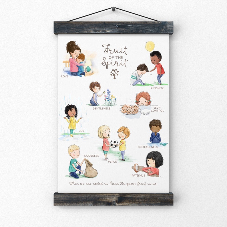 Puede incluir: Una ilustraci&oacute;n colorida del fruto del esp&iacute;ritu con ni&ntilde;os que representan cada virtud: amor, alegr&iacute;a, paz, paciencia, bondad, generosidad, fidelidad, gentileza, autocontrol. El texto dice "Fruto del Esp&iacute;ritu" y "Cuando estamos arraigados en Jes&uacute;s, &Eacute;l hace crecer fruto en nosotros."