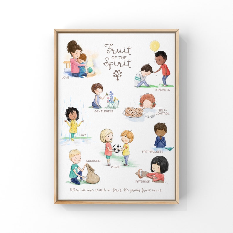 Puede incluir: Una ilustraci&oacute;n colorida de la fruta del esp&iacute;ritu, con cada fruta representada por un ni&ntilde;o. Las frutas son amor, alegr&iacute;a, paz, paciencia, bondad, amabilidad, fidelidad, gentileza y dominio propio. El texto "Fruto del Esp&iacute;ritu" est&aacute; escrito en letras marrones en la parte superior de la imagen. El texto "Cuando estamos arraigados en Jes&uacute;s, &Eacute;l hace crecer la fruta en nosotros." est&aacute; escrito en la parte inferior de la imagen.