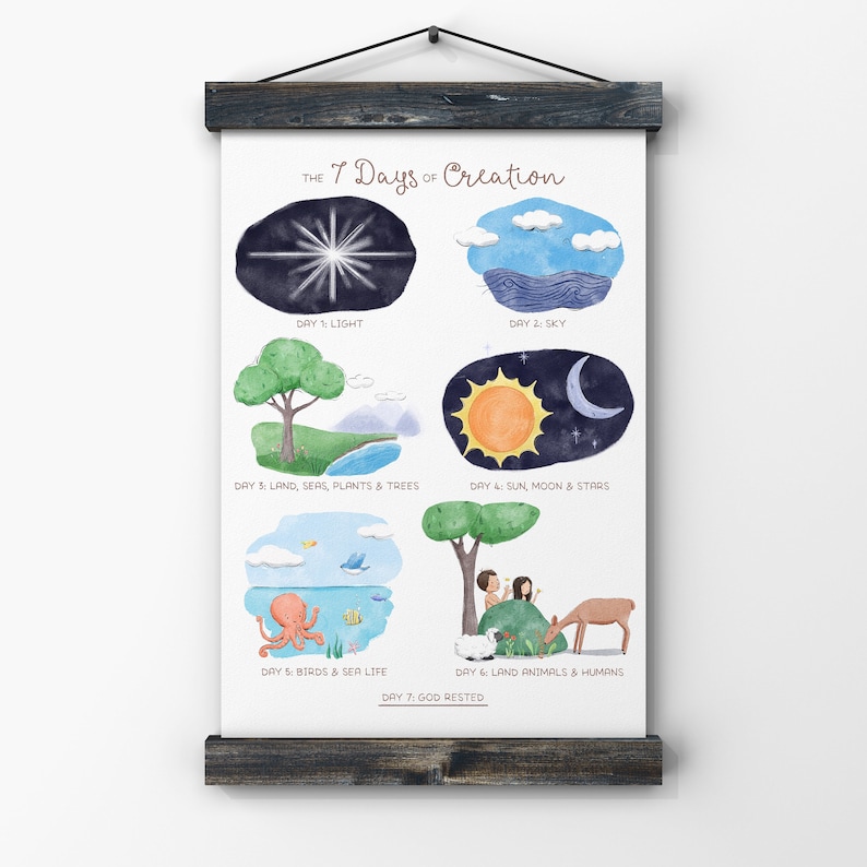 May include: A colorful illustration depicting the 7 days of creation. Each day is represented by a different scene, including light, sky, land, seas, plants, trees, sun, moon, stars, birds, sea life, land animals, and humans. The text "THE 7 DAYS OF CREATION" is at the top of the illustration.