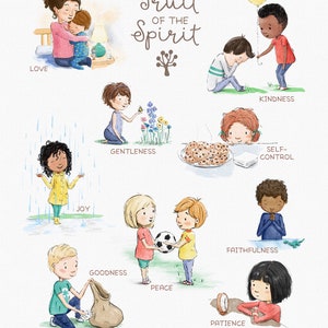 Puede incluir: Una ilustraci&oacute;n que muestra a ni&ntilde;os demostrando los frutos del esp&iacute;ritu: amor, alegr&iacute;a, paz, paciencia, bondad, amabilidad, fidelidad, gentileza y dominio propio. La ilustraci&oacute;n es de estilo de dibujos animados con colores brillantes y un toque caprichoso.