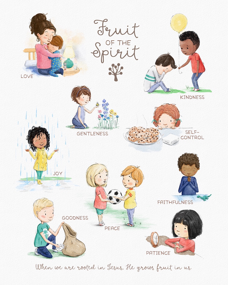 Puede incluir: Una ilustraci&oacute;n que muestra a ni&ntilde;os demostrando los frutos del esp&iacute;ritu: amor, alegr&iacute;a, paz, paciencia, bondad, amabilidad, fidelidad, gentileza y dominio propio. La ilustraci&oacute;n es de estilo de dibujos animados con colores brillantes y un toque caprichoso.
