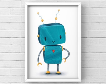 Robot wall art, cute robot, children's illustration, nursery art, kids room art, blue robot