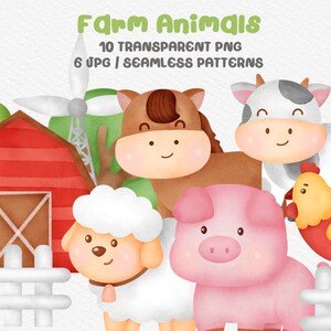 Watercolor Cute Farm Clipart, Farm Animals Watercolor Digital Clipart, Farm Animals