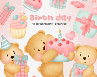 Watercolor Teddy Bear Birthday Clipart: Baby Shower PNG (Digital Download)