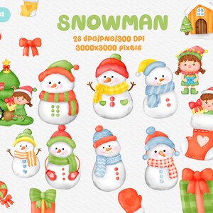 雪だるまのPNGクリップアート、水彩クリスマスクリップアート、手描き。PNGクリップアートファイルのセット、デジタルダウンロード、ウサギのバンドル