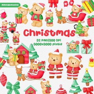 Akwarela Christmas bundle Clipart, Bear Santa Claus Clipart, christmas bear, Christmas Clipart, Christmas Santa PNG, Santa Clipart