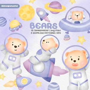 Baby-Dusche-Teddybär, Aquarell Aquarell Clipart PNG Digital Download, Teddy Bär Weltraum Clipart, Bär Astronaut Clipart,