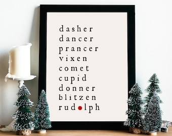 Christmas printable wall art, holiday digital download, reindeer list