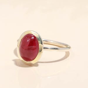 May include: A silver ring featuring a large, oval, deep red gemstone set within a gold bezel. The ring is presented on a light surface, with a touch of greenery visible in the background.