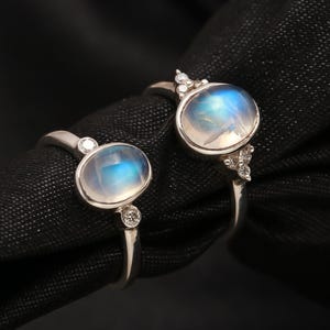 Rainbow Moonstone Ring: Sterling Silver, Natural Diamond Accent