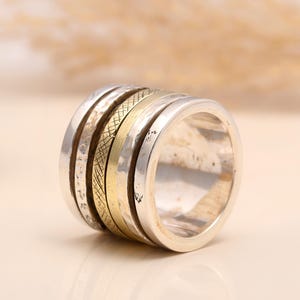 Rotating Fidget Spinner Ring: Sterling Silver, Brass, Hammered Textured Band