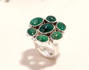 1980s Emerald Cluster Ring: Sterling Silver, Dark Green Gemstones