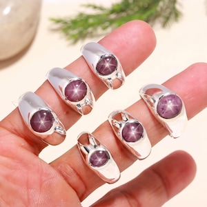 Stjärna Rubin Signetring i sterlingsilver, Oval Cabochon Solitärring, Statementsmycken med röd ädelsten