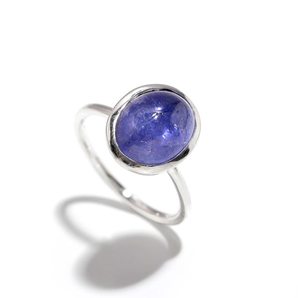 Tanzanite Solitaire Silver Ring | 925 Sterling Silver | Handcrafted Jewelry | Natural Blue 8X10mm Oval Cabochon | Jewelry for Women