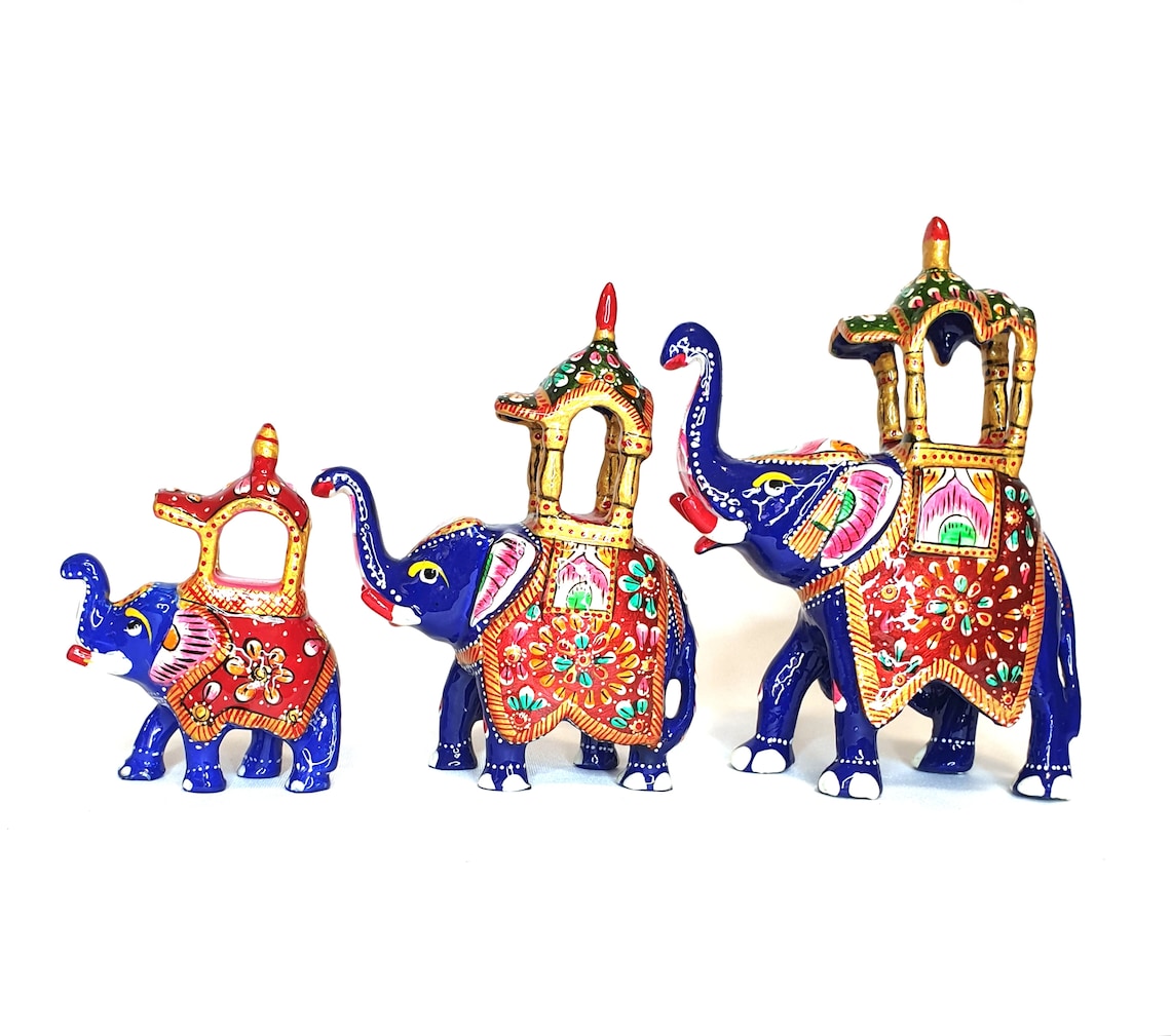 Good Luck Elephant Figurines 3 Pieces Metal Hand Painted Etsy
