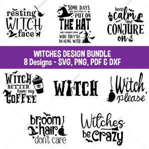 Op de afbeelding: Een digitale collectie van acht zwarte grafische ontwerpen met heksenthema typografie en illustraties zoals bezems, hoeden, katten en toverdrankflesjes. De tekst bevat zinnen zoals Resting Witch Face, Witch Better Have My Coffee en Witches Be Crazy.
