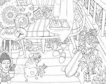 Beach Balcony Printable Colouring Page. Adult Colouring Page. Instant Download.