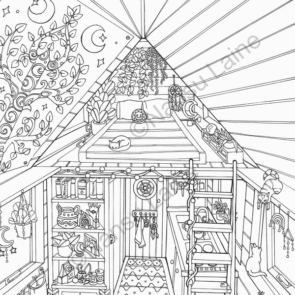 Tiny House Printable Colouring Page. Adult Colouring Page. Instant Download.