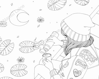 Moon Lake Printable Colouring Page. Adult Colouring Page. Instant download.