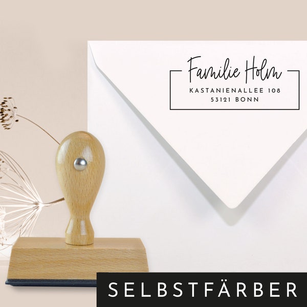 Selbstfärbender Adressstempel personalisiert für Familien, Holzstempel mit Schreibschrift / Handschrift / Kalligraphie