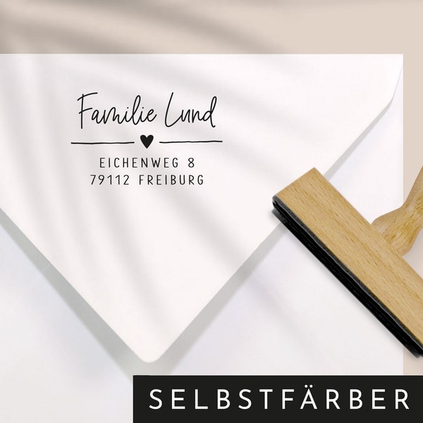 Stempel selbstfärbend mit personalisierter Adresse für Familien, Stempelmotiv auf Holzstempel: Herz, Schreibschrift, Handschrift, Holz