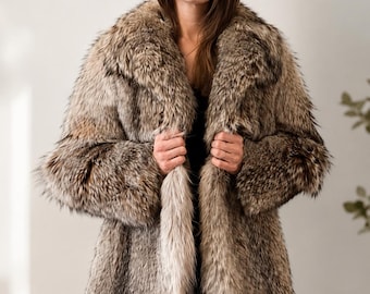 Women's Natural Raccoon Fur Coat, Genuine Fur, Mid Length Real Fur Coat, Luxury Vintage Winter Jacket