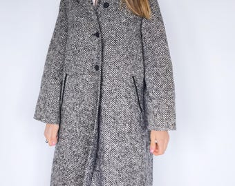 Vintage 60s 70s Adrienne Modeller Wool Coat | Black & White Tweed | Classic Chic Overcoat | Pure Wool | Elegant Retro Outerwear size L/XL