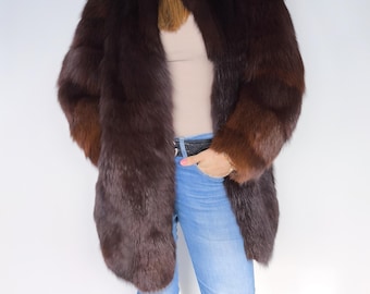 Real Fox Fur Coat Chocolate Brown – Natural Vintage Full Length Luxury Fur Jacket – Winter Warm Outerwear Size L XL – Elegant Classic Coat