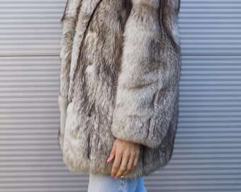 Blaufuchs-Weißfuchs-Echtpelzjacke | Vintage-Luxus-Oberbekleidung | Größe S/M | Warmer Winterpelz | Eleganter silberblauer Mantel | Klassischer Pelz