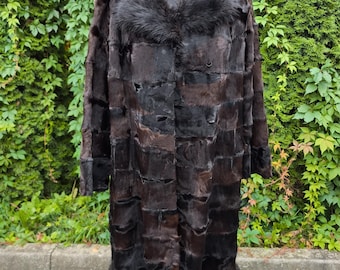 Women's coat, long, natural goat and fox fur with collar, genuine leather, chocolate
