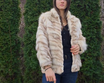 Piel natural única en color claro, beige cálido, chaqueta ligera de zorro auténtico, chaqueta vintage, abrigo de mujer, talla S o M